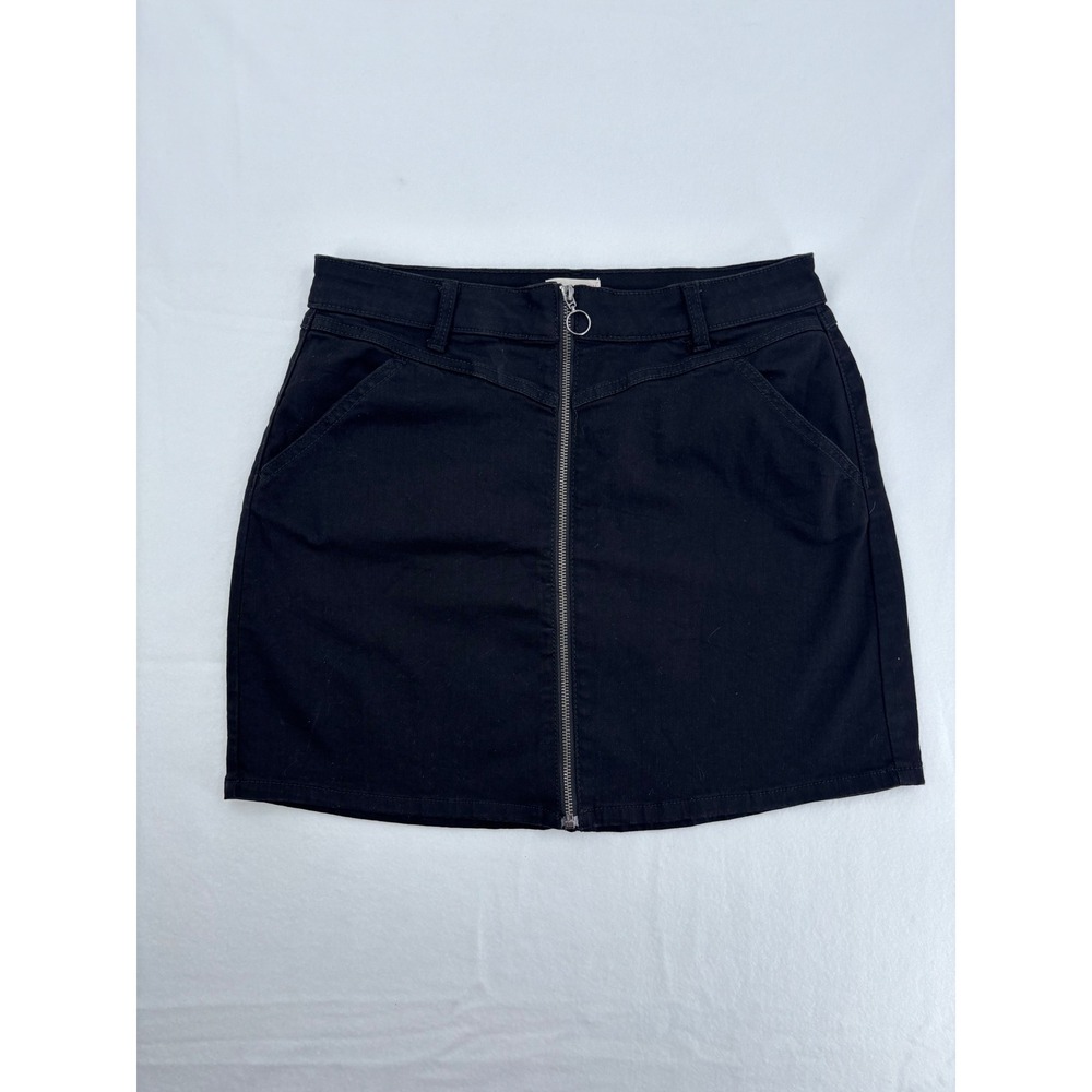 SO Denim Mini Skirt Womens 13 Black Zip Front‎ Ring Pull Casual Edgy 31W